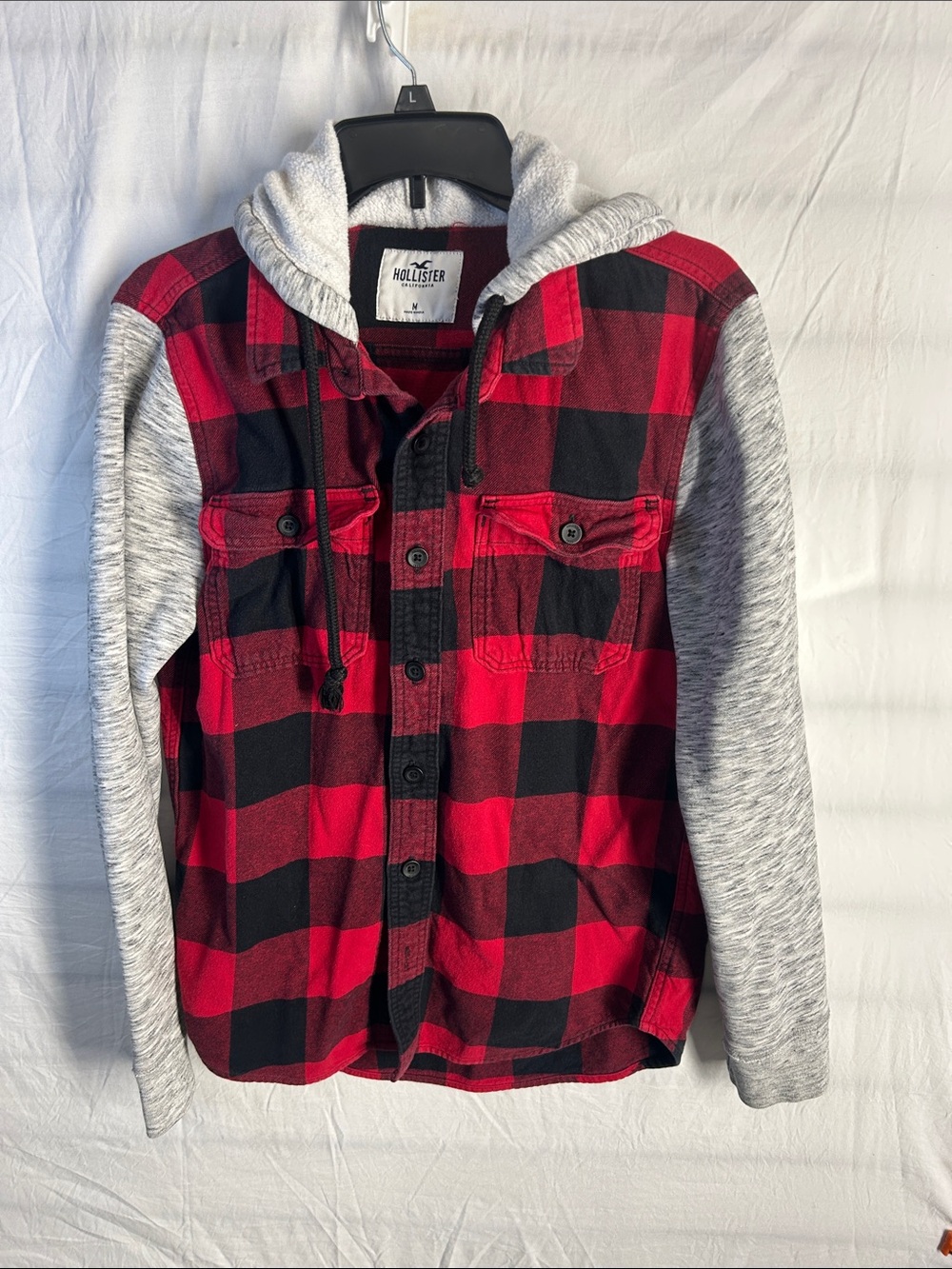Hollister Red & Black Plaid Hooded Jacket with Gray Knit Sleeves